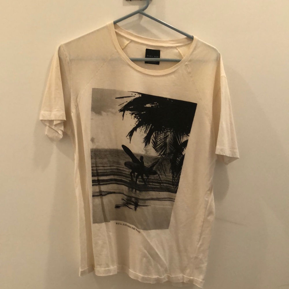 Zara man white graphic T-shirt surfers and beach size M